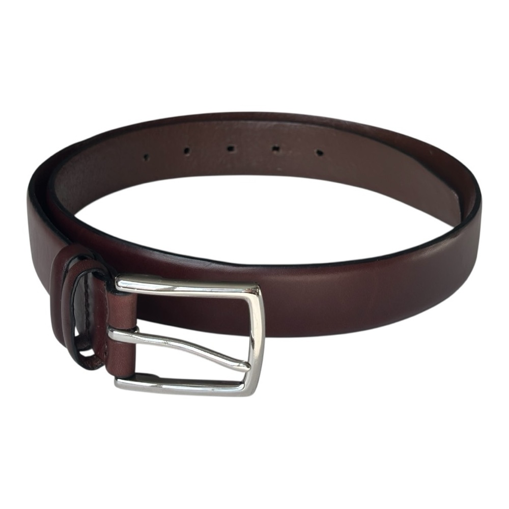 Polo Ralph Lauren silver toned buckle brown leather belt polo logo embossed | 36